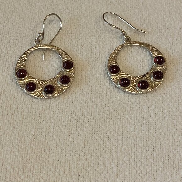 Sterling Silver Garnet Hoop Earrings Hammered NOVICA Polka Dot Dangle 1 5/8 In - Picture 2 of 4